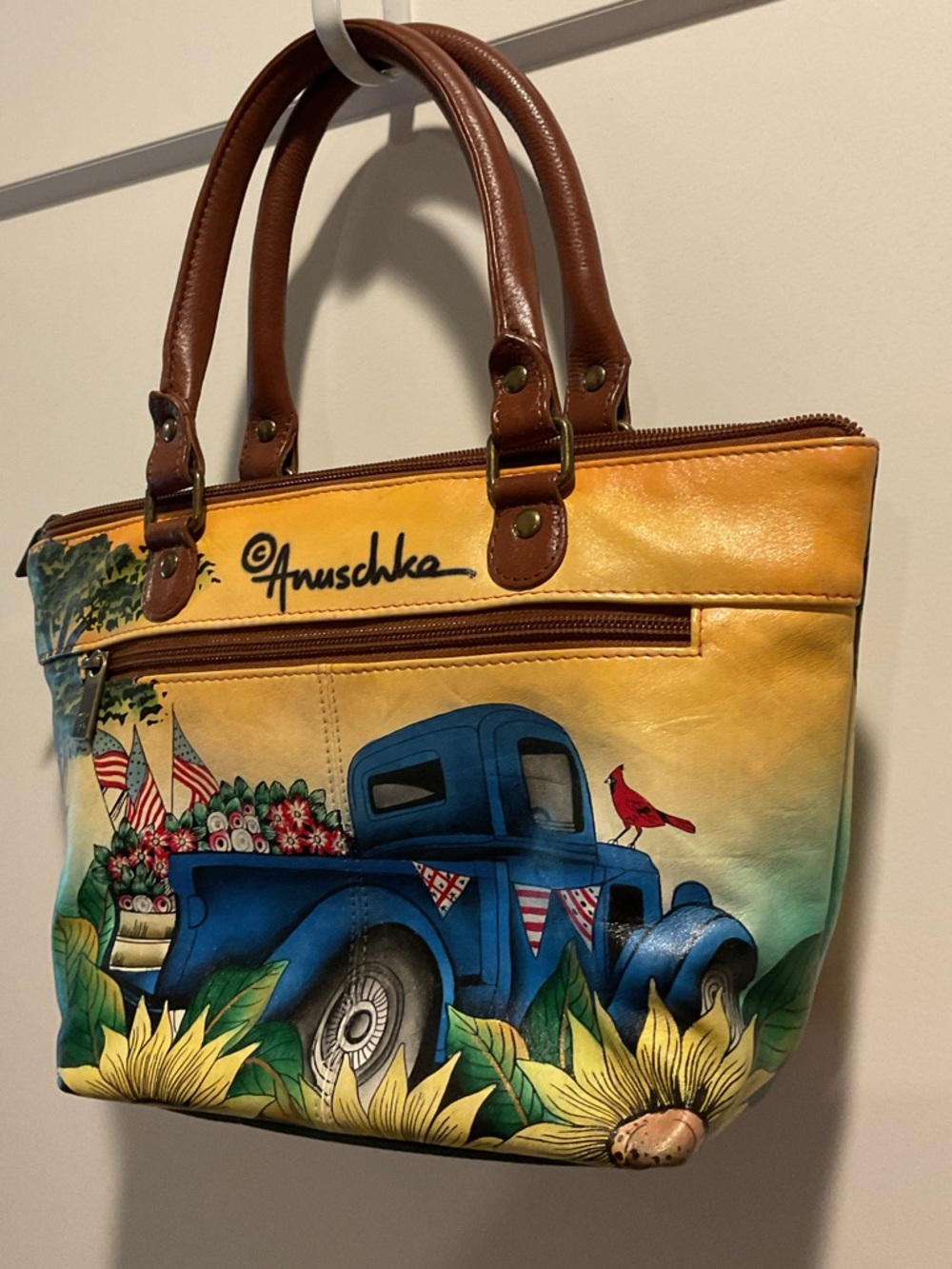 ANUSCHKA Blue Truck Barn Hand-Painted Leather Purse Handbag - Picture 4 of 15